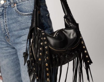 Black Fringed Shoulder Bag.Small Shoulder Bag. Black Top Handbag. Shoulder Fringed.Black Fringed.Festival. Party. Black Office.Rock Fashion