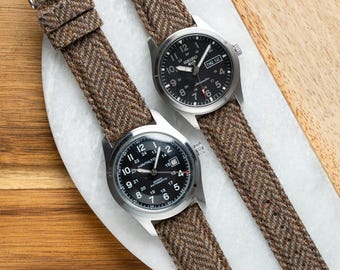 Herringbone Tweed Wool Watch Band with Leather Backing - Quick Release