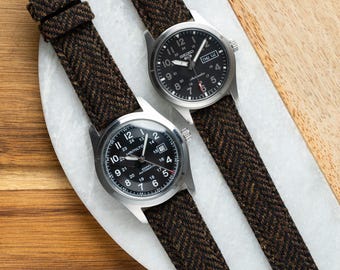 Quick Release Dark Brown Herringbone Tweed Wool Watch Band with Leather Backing