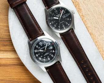 Dark Brown Leather Watch Strap: Quick Release, Padded, Fits Seiko Hamilton - 18mm 20mm 22mm