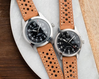 Quick Release Leather Rally Racing Watch Band - Light Tan Brown 20mm 22mm