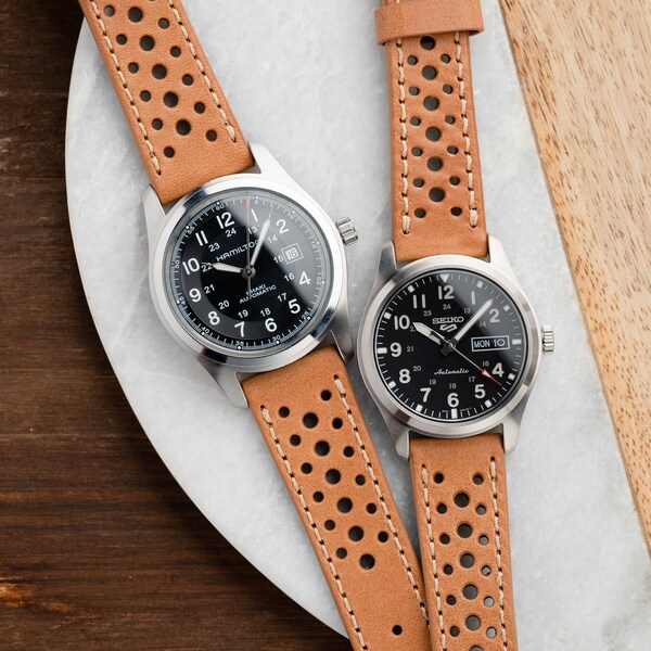 Quick Release Leather Rally Racing Watch Band - Light Tan Brown 20mm 22mm