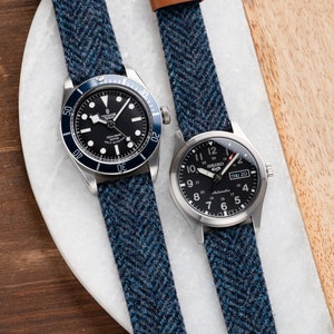 18mm 20mm 22mm Quick Release Watch Strap Herringbone Tweed Wool / Leather fits Omega Rolex Hamilton Seiko Samsung Apple Tudor - Blue [Slim]