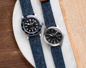 18mm 20mm 22mm Quick Release Watch Strap Herringbone Tweed Wool / Leather fits Omega Rolex Hamilton Seiko Samsung Apple Tudor - Blue [Slim]