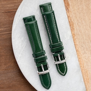 20mm Padded Genuine Leather Watch Strap fits Omega Rolex Seiko Hamilton Samsung Apple Fossil Citizen  - Dark Forest Green Full Stitch