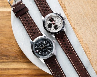 20mm 22mm Quick Release Leather Rally Racing Watch Band - Tobacco Brown
