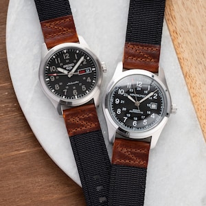 18mm 20mm 22mm Quick Release Genuine Leather and Nylon Field Watch Strap - Black Nylon / Brown Leather Fits Seiko Hamilton Field Watch