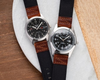 18mm 20mm 22mm Quick Release Genuine Leather and Nylon Field Watch Strap - Black Nylon / Brown Leather Fits Seiko Hamilton Field Watch