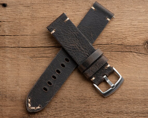 22mm HANDMADE Genuine Leather Watch Strap Dark Brown / Grey | Etsy