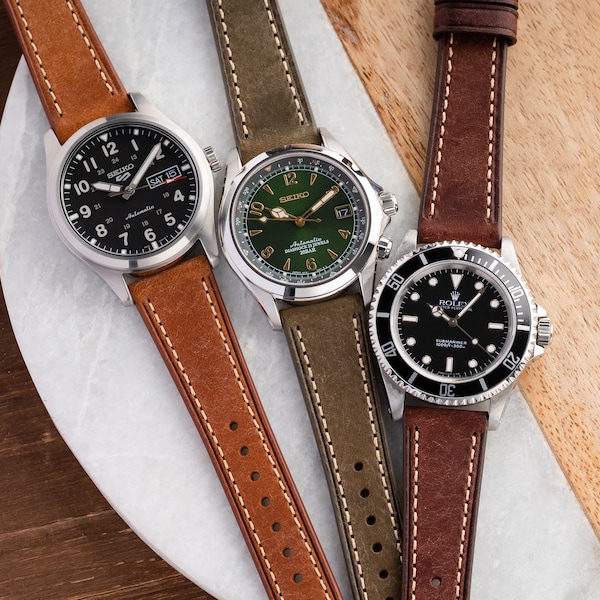 20mm Italian Leather Watch Strap fits Omega Rolex Seiko Hamilton Fossil Samsung Tudor - Brown Green Tan Beige Stitching [Short]