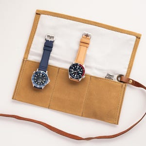 Handmade Waxed Canvas Microfiber Lined Watch Travel Roll Organizer Case with Leather Keeper (3 Slots) Tan Light Khaki Brown
