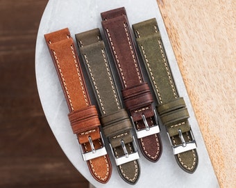 18mm Italian Leather Watch Strap fits Vintage Omega Rolex Seiko Hamilton Fossil - Brown Green Tan Beige Stitching [Short]