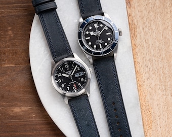 20mm 22mm Quick Release Genuine Italian Leather Watch Strap fits Omega Rolex Seiko Hamilton Apple Citizen - Dark Blue Navy