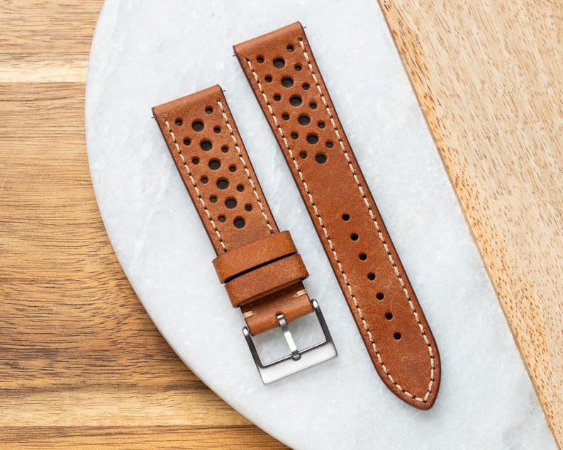 Steel Rally Watch Strap 20mm 22mm Quick Release Leather Rally Racing Watch Band - Cognac Brown ...