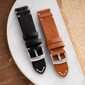 20mm 22mm Handmade Genuine Calf Leather Watch Strap - Black Brown - fits Omega Rolex Tudor Hamilton Seiko Fossil Citizen
