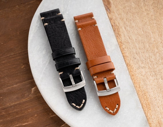 20mm 22mm Handmade Genuine Calf Leather Watch Strap - Black Brown - fits Omega Rolex Tudor Hamilton Seiko Fossil Citizen