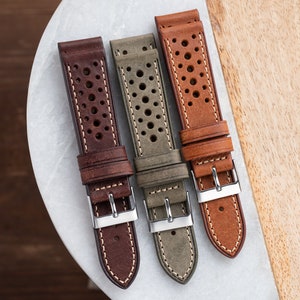 22mm Italian Leather Rally Watch Band fits Omega Rolex Seiko Hamilton Fossil Citizen Timex - Dark Brown \ Green Grey \ Light Brown