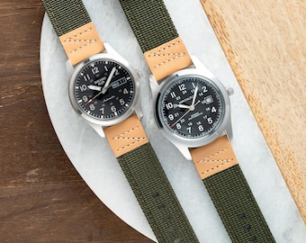 Quick Release Field Watch Strap Green Nylon & Tan Leather (18mm 20mm 22mm)