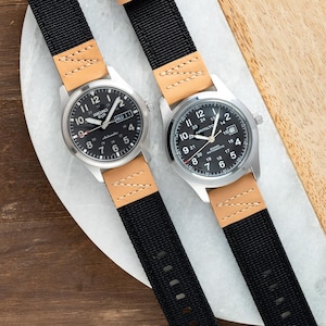 18mm 20mm 22mm Quick Release Genuine Leather and Nylon Hybrid Field Watch Strap fits Rolex Seiko Hamilton - Black Nylon / Tan Brown Leather