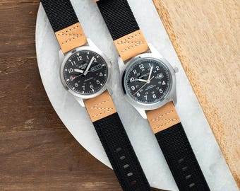 Quick Release Field Watch Strap: Black Nylon & Tan Leather (18mm 20mm 22mm)