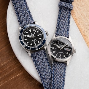 20mm 22mm Quick Release Watch Strap Herringbone Tweed Wool / Leather - Blue