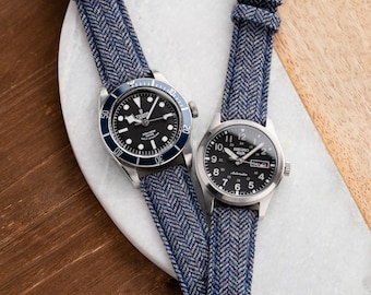 20mm 22mm Quick Release Watch Strap Herringbone Tweed Wool / Leather - Blue