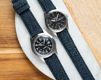 Navy Blue Herringbone Tweed Wool Watch Band with Leather Backing