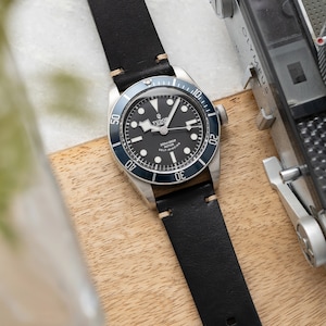 22mm Quick Release HANDMADE Genuine Leather Watch Strap fits Omega Rolex Hamilton Seiko Fossil Citizen Orient Samsung - BLACK