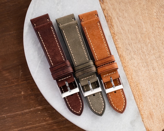 22mm Italian Leather Watch Strap fits Omega Rolex Seiko Hamilton Fossil Citizen Timex - Dark Brown \ Green Grey \ Light Brown