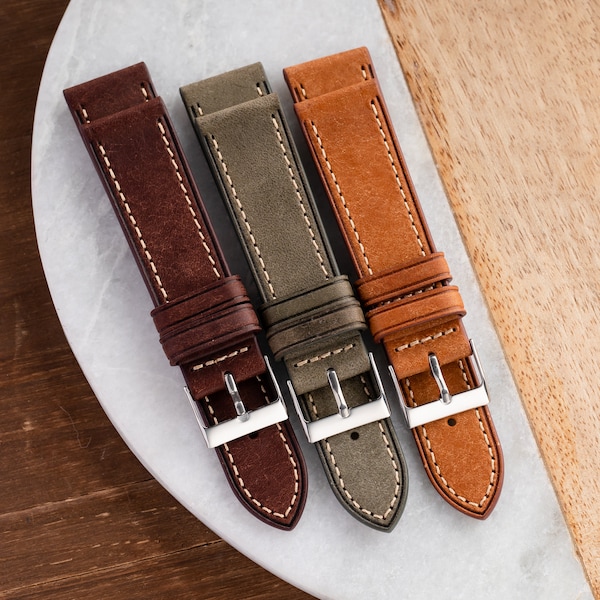 22mm Italian Leather Watch Strap fits Omega Rolex Seiko Hamilton Fossil Citizen Timex - Dark Brown \ Green Grey \ Light Brown