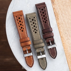 20mm Italian Leather Rally Racing Watch Band fits Omega Rolex Seiko Hamilton - Brown / Green Grey / Tan Beige Stitching [Short]