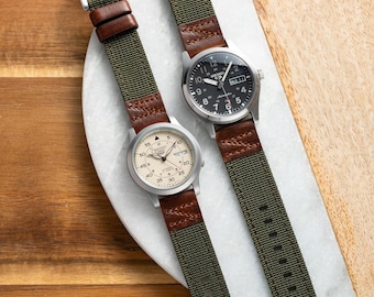 Quick Release Green Nylon Red Brown Leather Field Watch Strap