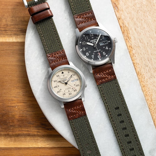 Quick Release Green Nylon Red Brown Leather Field Watch Strap