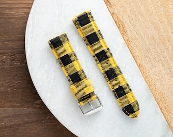 Quick Release Wool Watch Band: Black & Yellow Plaid - 18mm 20mm 22mm