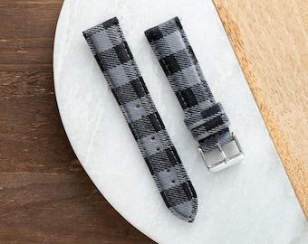 Quick Release Wool Watch Band: Gray Black Plaid with Leather Backing (18mm 20mm 22mm)