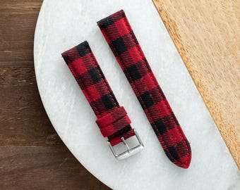Quick Release Wool Watch Band: Black & Red Buffalo Plaid - 18mm 20mm 22mm