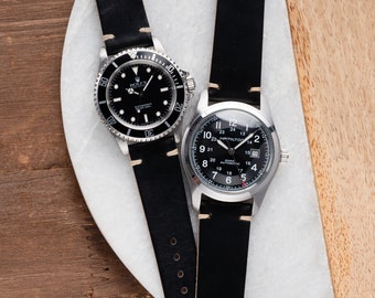 18mm 20mm 22mm Handmade Quick Release Horween Chromexcel Leather Watch Strap fits Omega Rolex Seiko Hamilton Fossil Samsung Tudor - Black