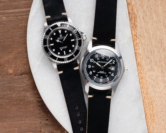 18mm 20mm 22mm Handmade Quick Release Horween Chromexcel Leather Watch Strap fits Omega Rolex Seiko Hamilton Fossil Samsung Tudor - Black