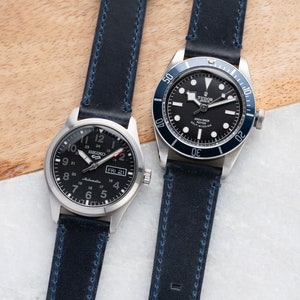 20mm 22mm Quick Release Handmade Genuine Leather Watch Strap fits Omega Rolex Hamilton Timex Seiko Fossil Citizen - Navy Blue Full Stitch