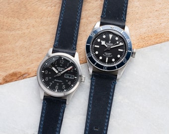 20mm 22mm Quick Release Handmade Genuine Leather Watch Strap fits Omega Rolex Hamilton Timex Seiko Fossil Citizen - Navy Blue Full Stitch