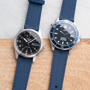 20mm 2 Piece Quick Release Sailcloth Canvas / Leather Backed Field Watch Band Fits Rolex Omega Seiko Hamilton Samsung Apple Timex-  Blue