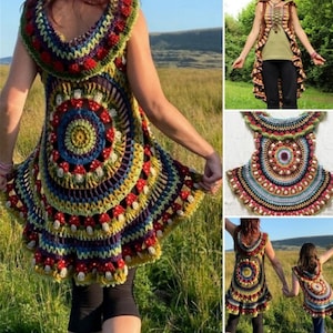 May include: A crochet pattern for a colorful, multi-layered, mushroom-themed vest with a mandala design. The pattern is available as a PDF download.  A Crochet Pattern PDF...
