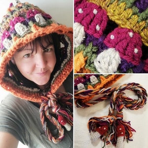 May include: A crochet mushroom hood with a colorful design featuring red, white, and green mushrooms. The hood has a long scarf with mushroom tassels.