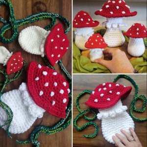 May include: Crocheted mushroom stuffies and bag in red, white, and green. The mushrooms have red caps with white spots and white stems. The bag has a red cap with white spots and a white stem. The text on the image says "MUSHIE STUFFIE & BAG..." and "A Crochet Pattern PDF."