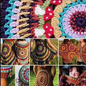 May include: A crochet pattern for a colourful mushroom mandala waistcoat. The pattern includes instructions for making a waistcoat with a large, circular mandala design featuring a variety of colours, including red, orange, yellow, green, blue, and purple. The pattern is available as a PDF download.