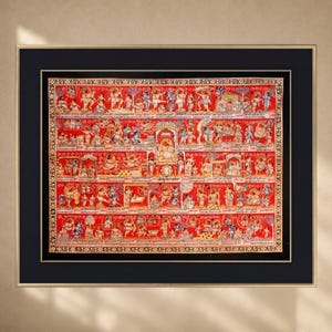 May include: A rectangular framed wall art piece featuring a vibrant red background filled with multiple horizontal rows of detailed miniature illustrations depicting various figures and scenes, enclosed in a black mat and a thin gold-toned frame.
