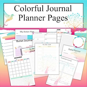 Imprimibles de planificación coloridos: diario de objetivos anuales, mensuales y diarios en brillantes colores pastel.