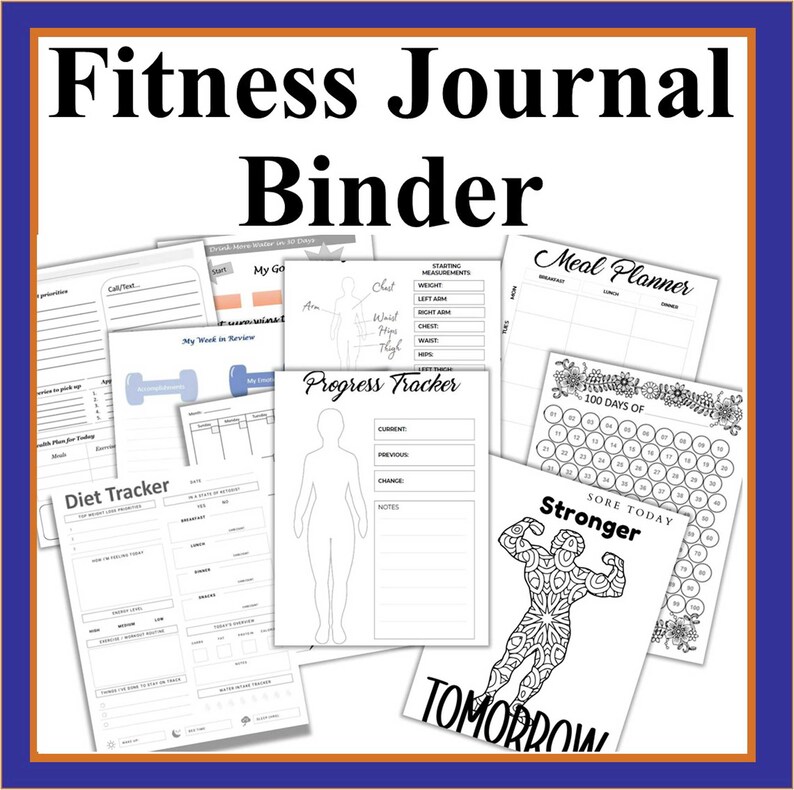 Puede incluir: Un archivador de diario de fitness con p&aacute;ginas para el seguimiento de la dieta, las comidas y el progreso. La portada dice "Fitness Journal Binder". En el interior, hay secciones para objetivos diarios, mediciones y un rastreador de desaf&iacute;os de 100 d&iacute;as.