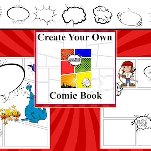 Puede incluir: Plantilla de cuaderno de bocetos de cómic para crear tu propio cómic con paneles en blanco y globos de diálogo. La portada presenta un diseño de cómic colorido con el texto "Comic Book Sketchbook".