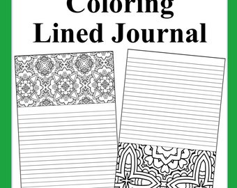 Puede incluir: Dos páginas imprimibles para un diario para colorear. La parte superior de cada página presenta un diseño intrincado en blanco y negro. La parte inferior de cada página tiene papel rayado para escribir.